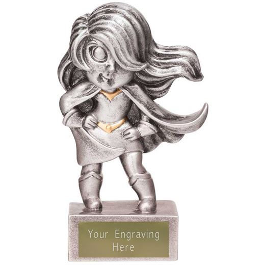 Antique Silver Novelty Female Superhero Trophy 10cm (4")