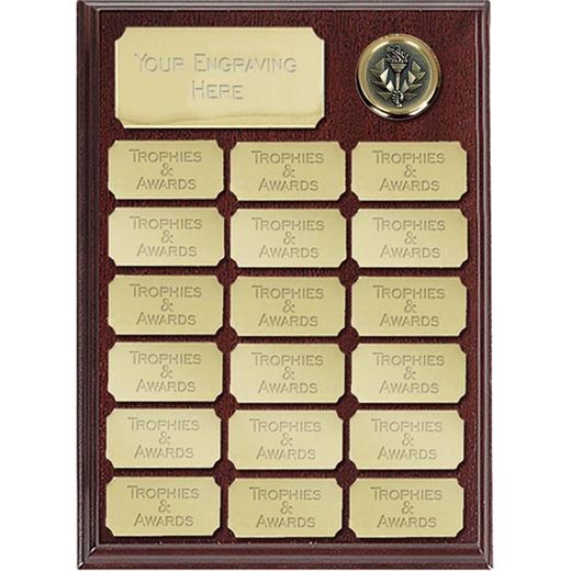 Rosewood presentation plaque with 19 gold plates 23cm (9")