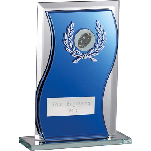Rugby Ball Glass Plaque Award Blue & Clear 15cm (6")