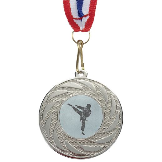 Spiral Glory Karate Medal with Medal Ribbon Silver 50mm (2")